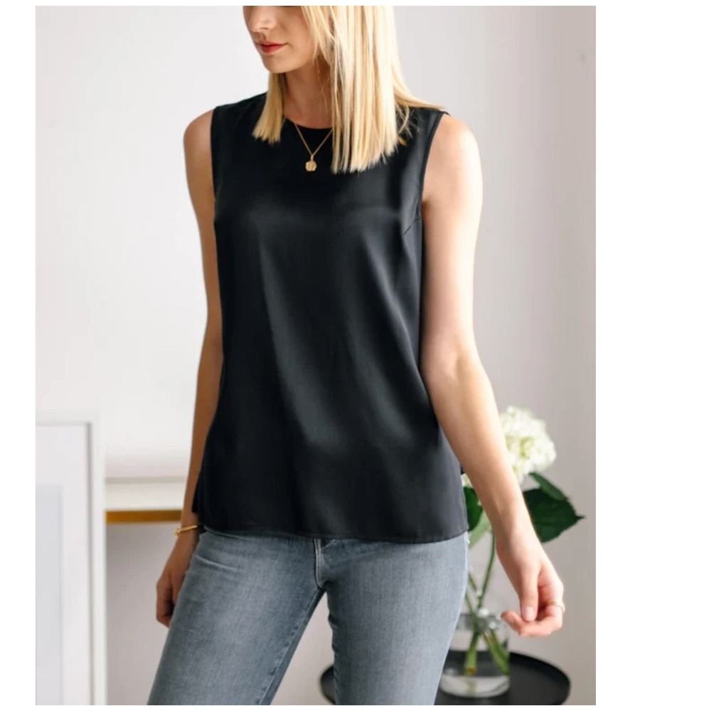 Ravella Women Giada Luxury Silk Shell Tank Top S/6 Black Keyhole Back Minimal